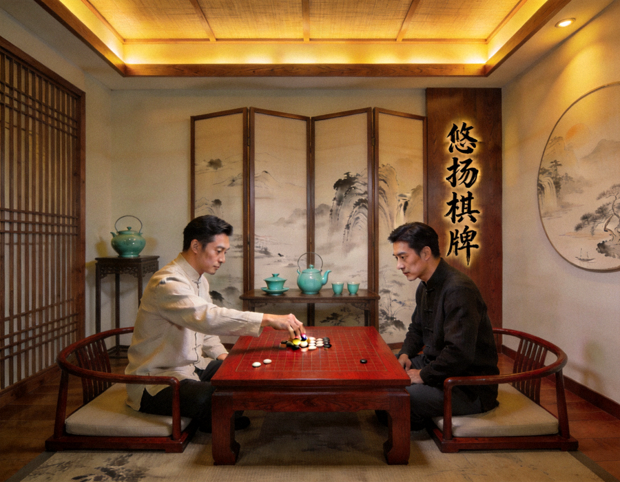 悠扬棋牌新中式对弈空间内棋手静坐落子的场景