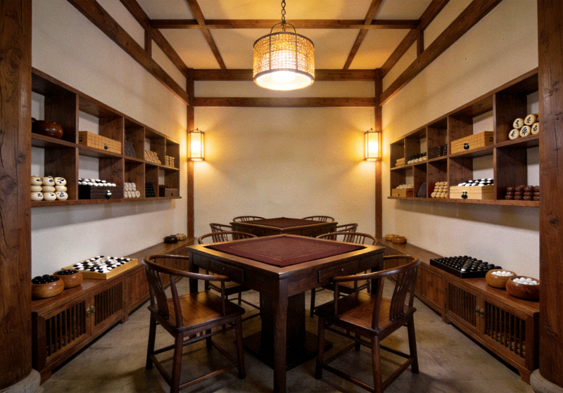 智慧棋院旗舰店内新中式木质对弈区与雅致灯光